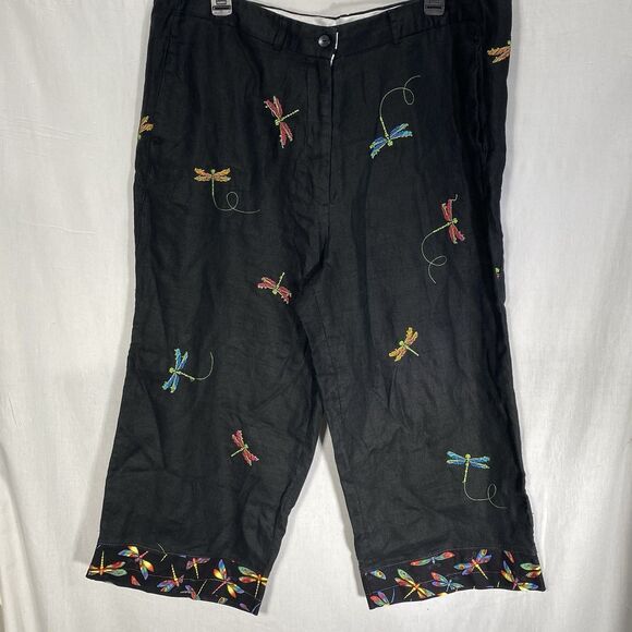 Vintage PARAPHRASE Capri Pants Linen Embroidered Beads Dragonfly Womens 14 Black - Picture 1 of 10